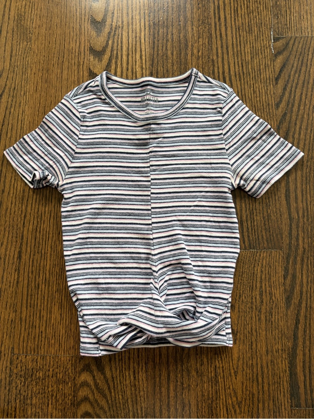 Hollister Pink, White & Navy Striped Ribbed Tee